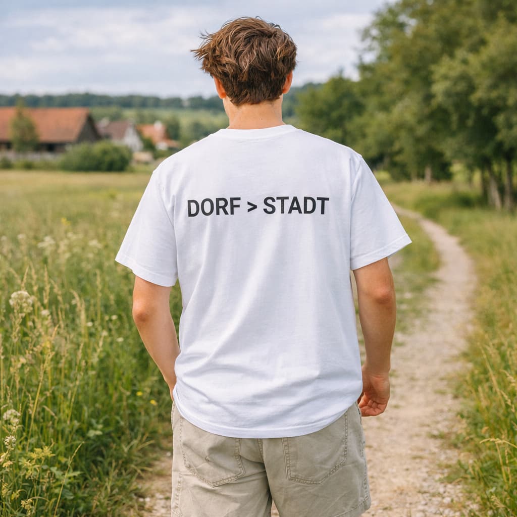 Oversized weißes T-Shirt "Dorf>Stadt" für Damen und Herren - Streetwear-Style.