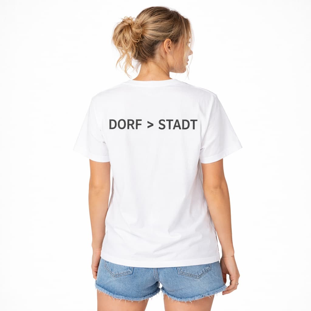 Oversized weißes T-Shirt "Dorf>Stadt" für Damen und Herren - Streetwear-Style.
