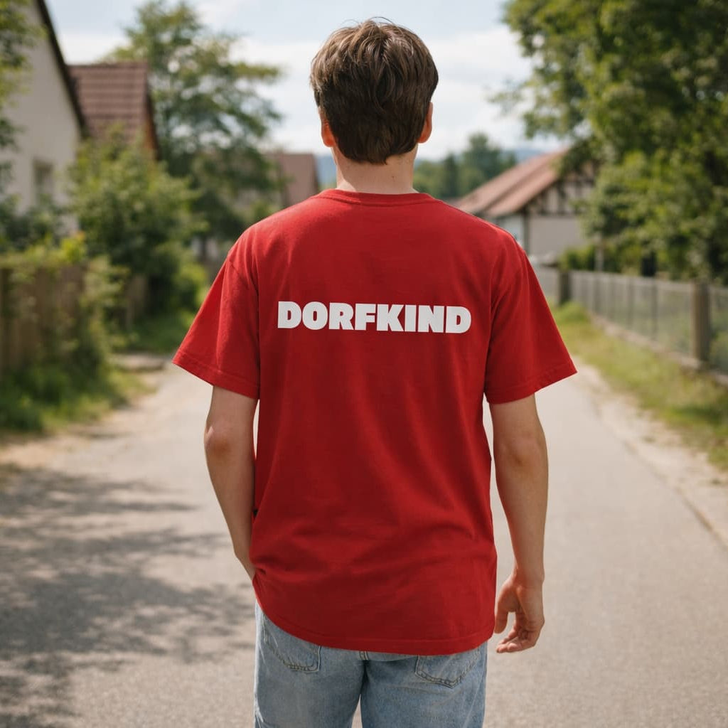 Oversized rotes T-Shirt "Dorfkind" für Damen und Herren - Streetwear-Style.