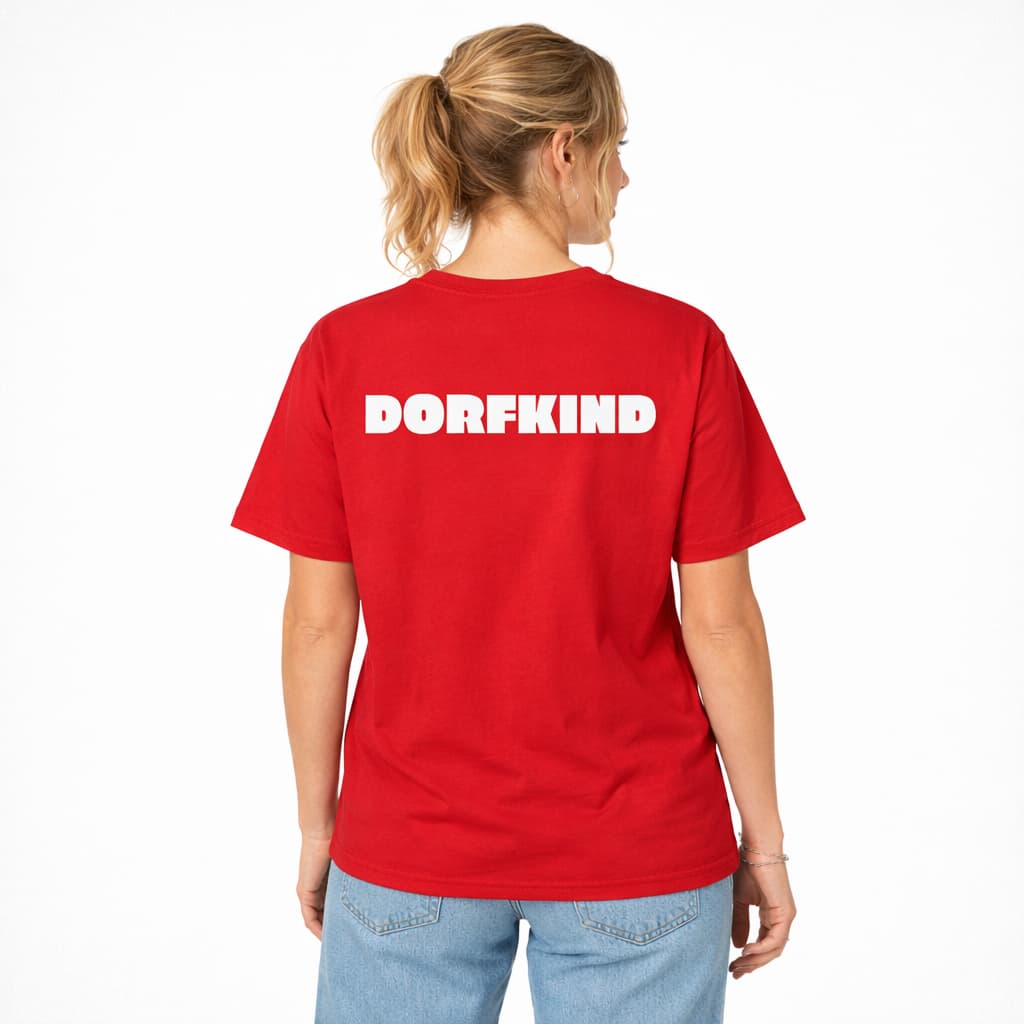 Oversized rotes T-Shirt "Dorfkind" für Damen und Herren - Streetwear-Style.