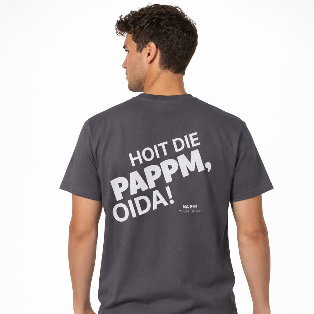 Oversized graues T-Shirt "Hoit die Pappm oida!" für Damen und Herren - Streetwear-Style.