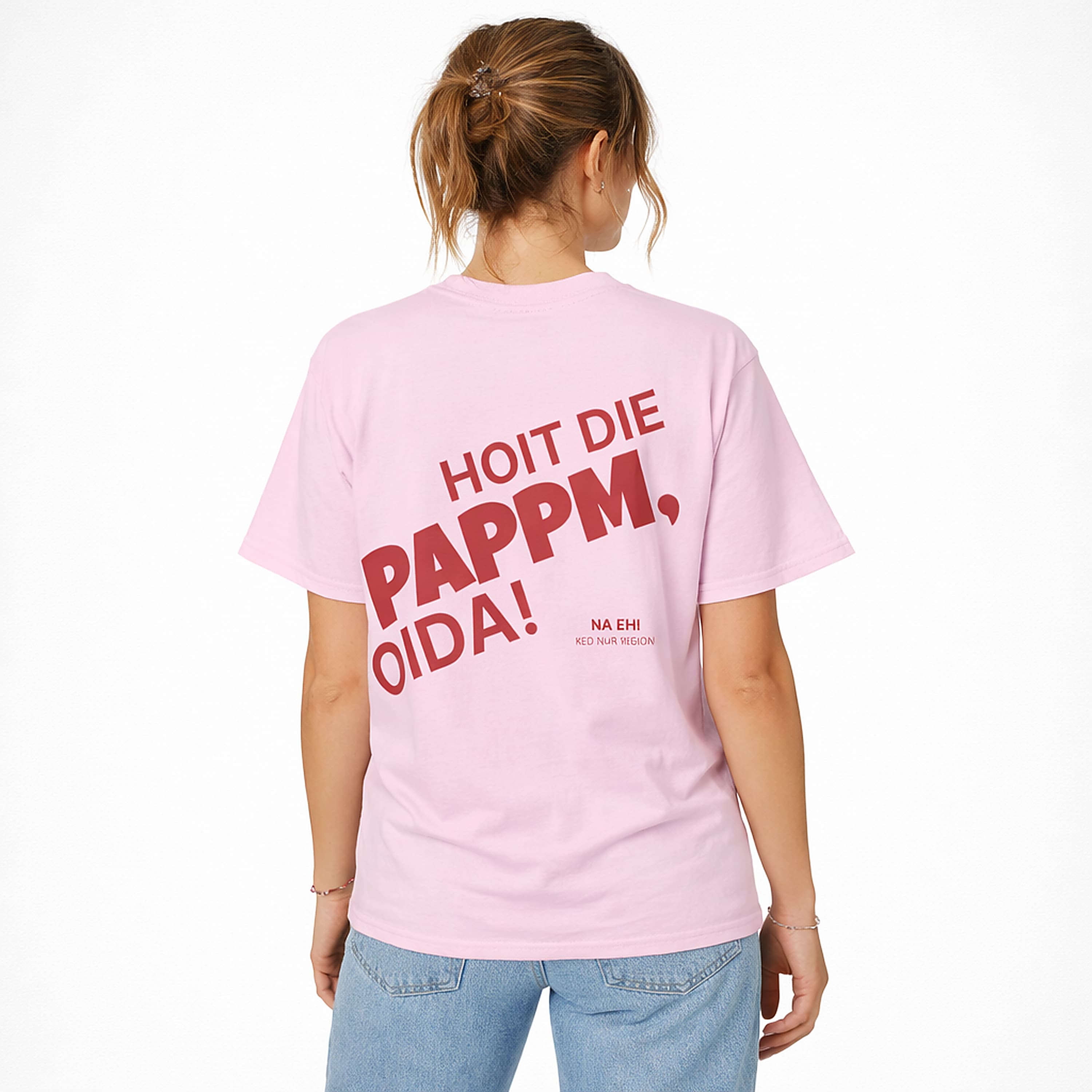 Oversized rosa T-Shirt "Hoit die Pappm oida!" für Damen und Herren - Streetwear-Style.