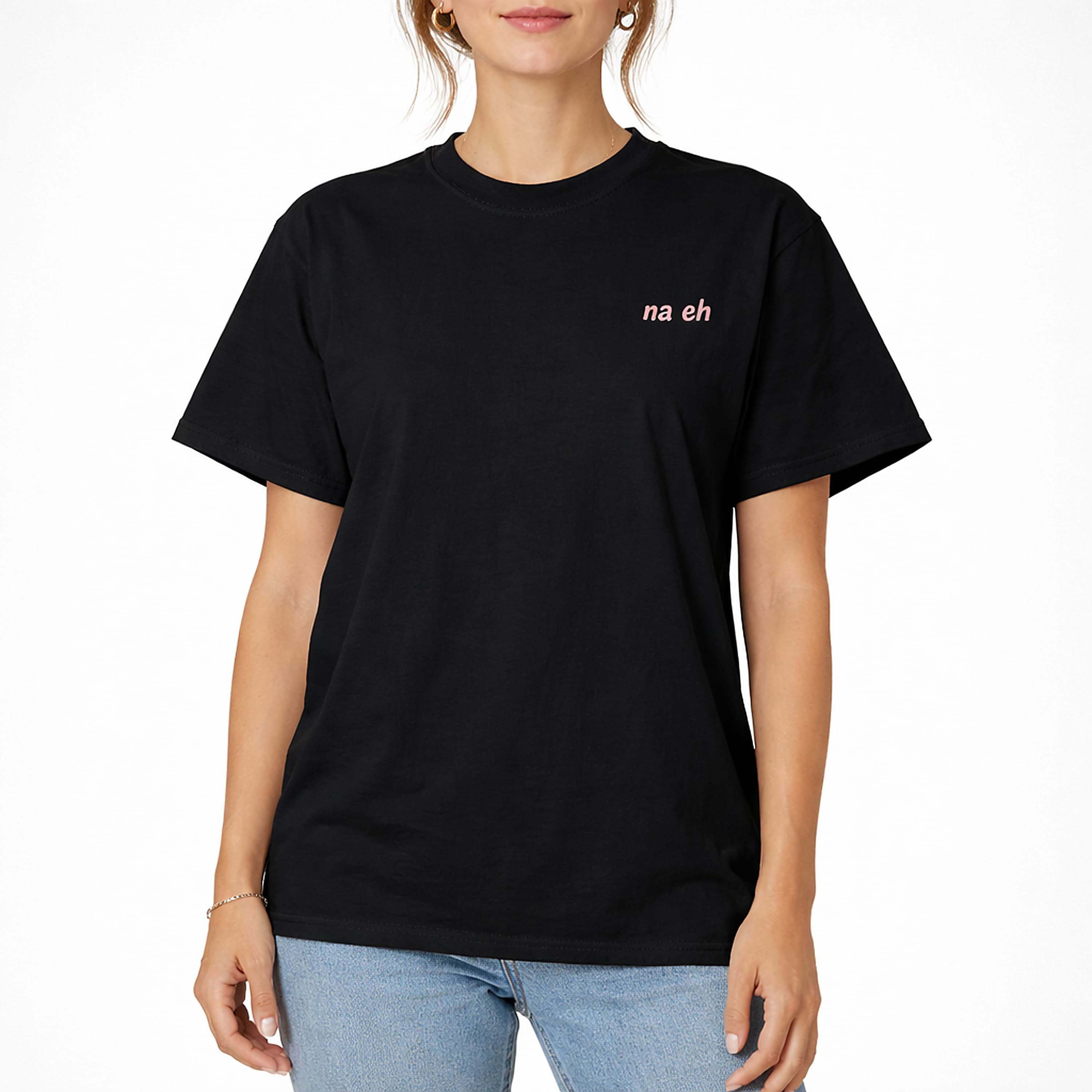 Oversized schwarzes T-Shirt mit na eh Logo vorne für Damen und Herren - Streetwear-Style.