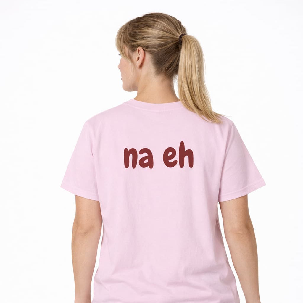 Oversized rosa T-Shirt "na eh" für Damen und Herren - Streetwear-Style.