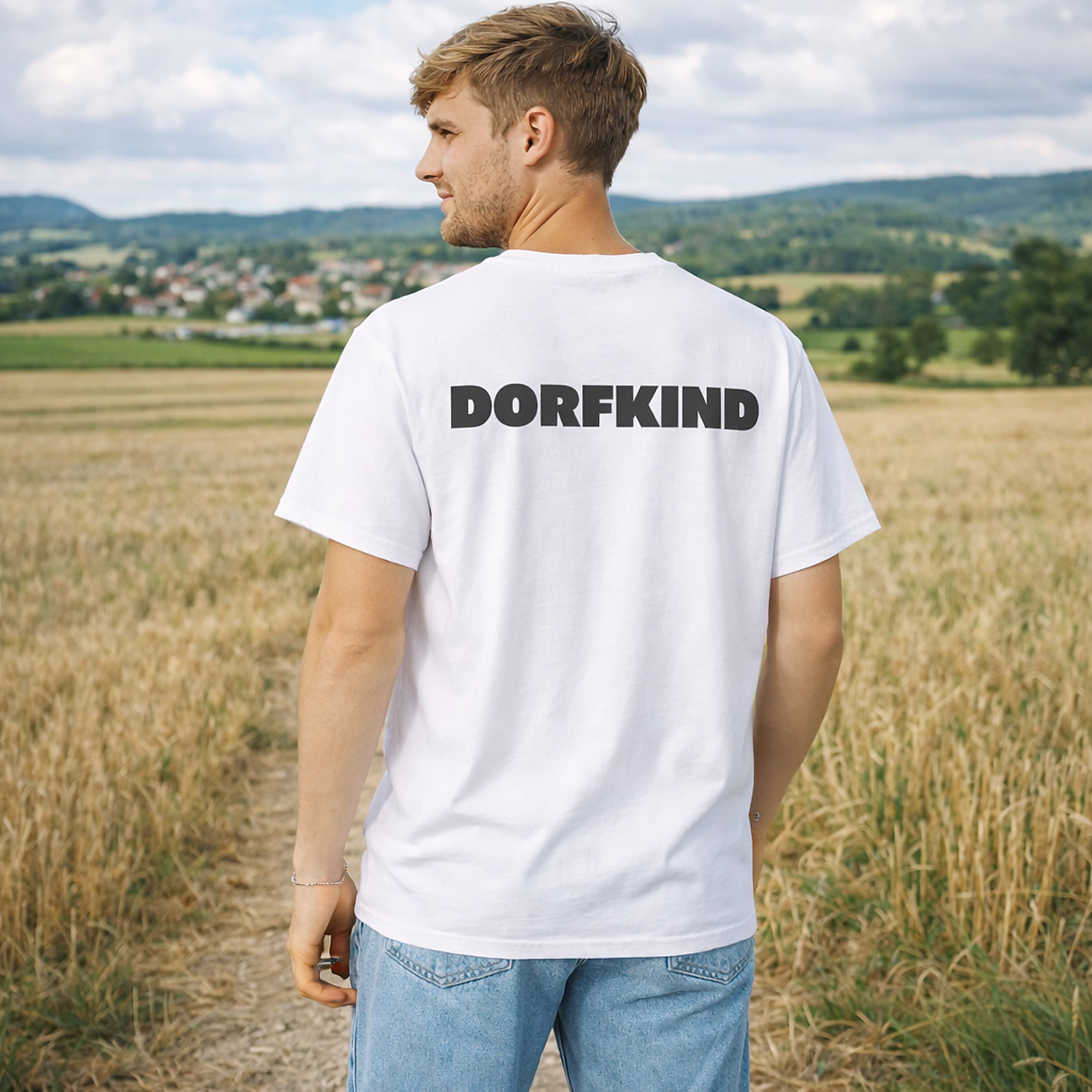 Oversized weißes T-Shirt "Dorfkind" für Damen und Herren - Streetwear-Style.